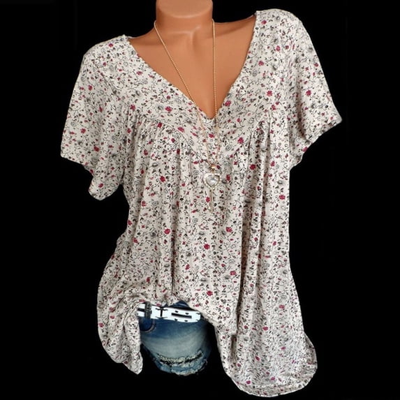 Frostluinai Savings Clearance 2022! Women's Summer Plus Size Tops Loose Floral Print Blouse Short Sleeves T-Shirt V-neck Flowy Pullover Tee