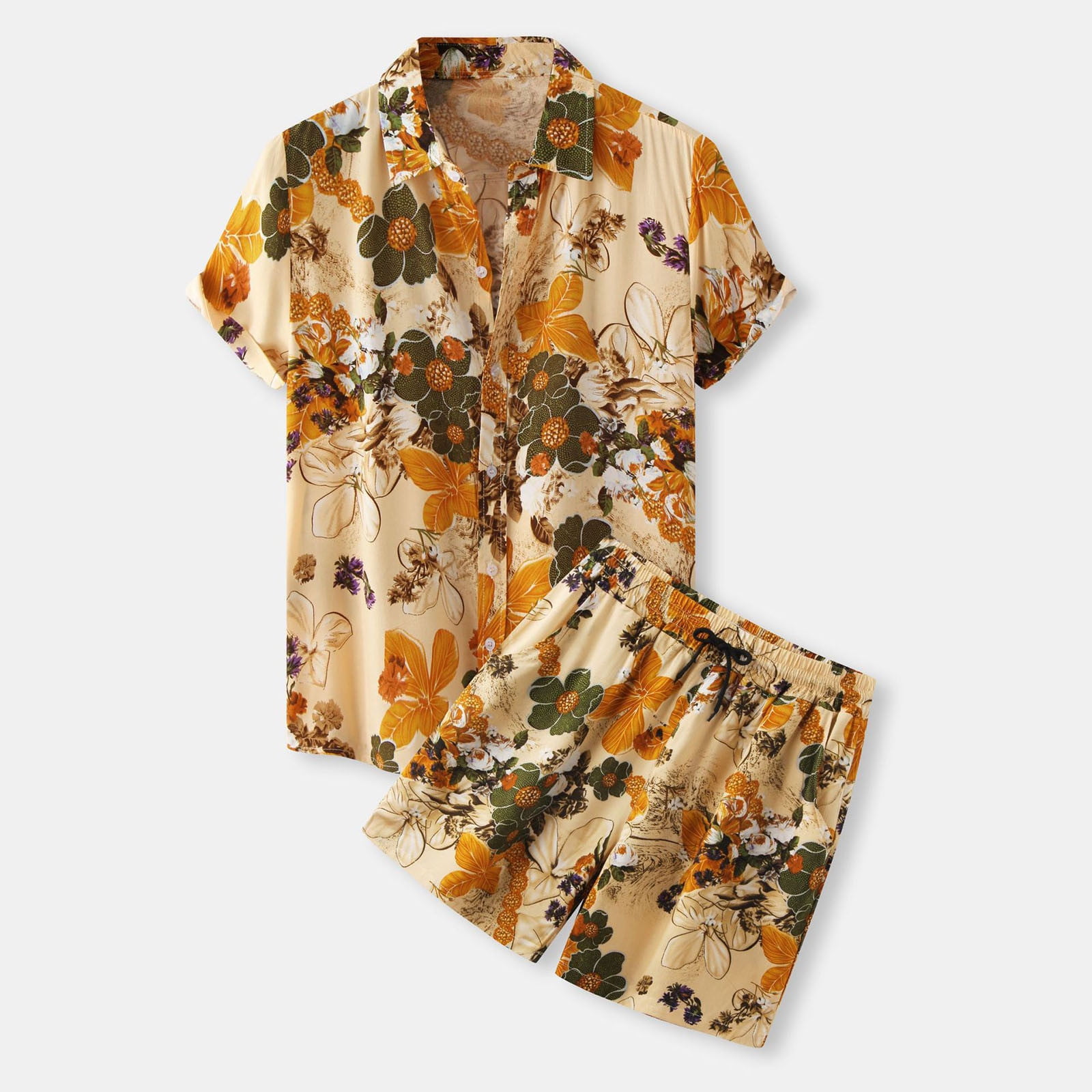 Men's Hawaiian Shirt Outfit Set - Short Sleeve Button Down & Shorts With Bucket Hat