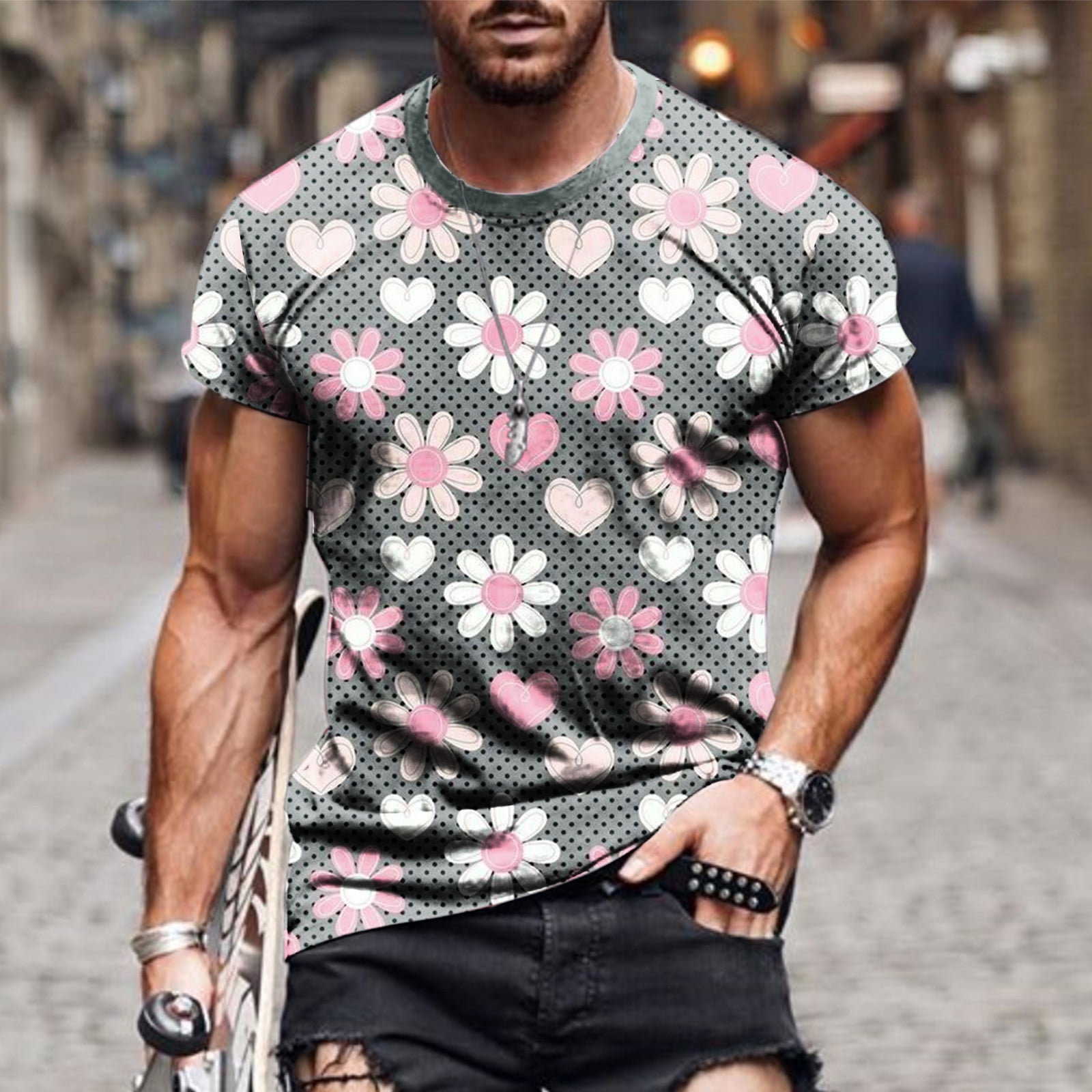 Frostluinai Savings Clearance 2023! Mens Gym Workout Slim Fit Short Sleeve  T-Shirt Athletic Shirts Running Fitness Tee Floral Printed Pattern Tees 
