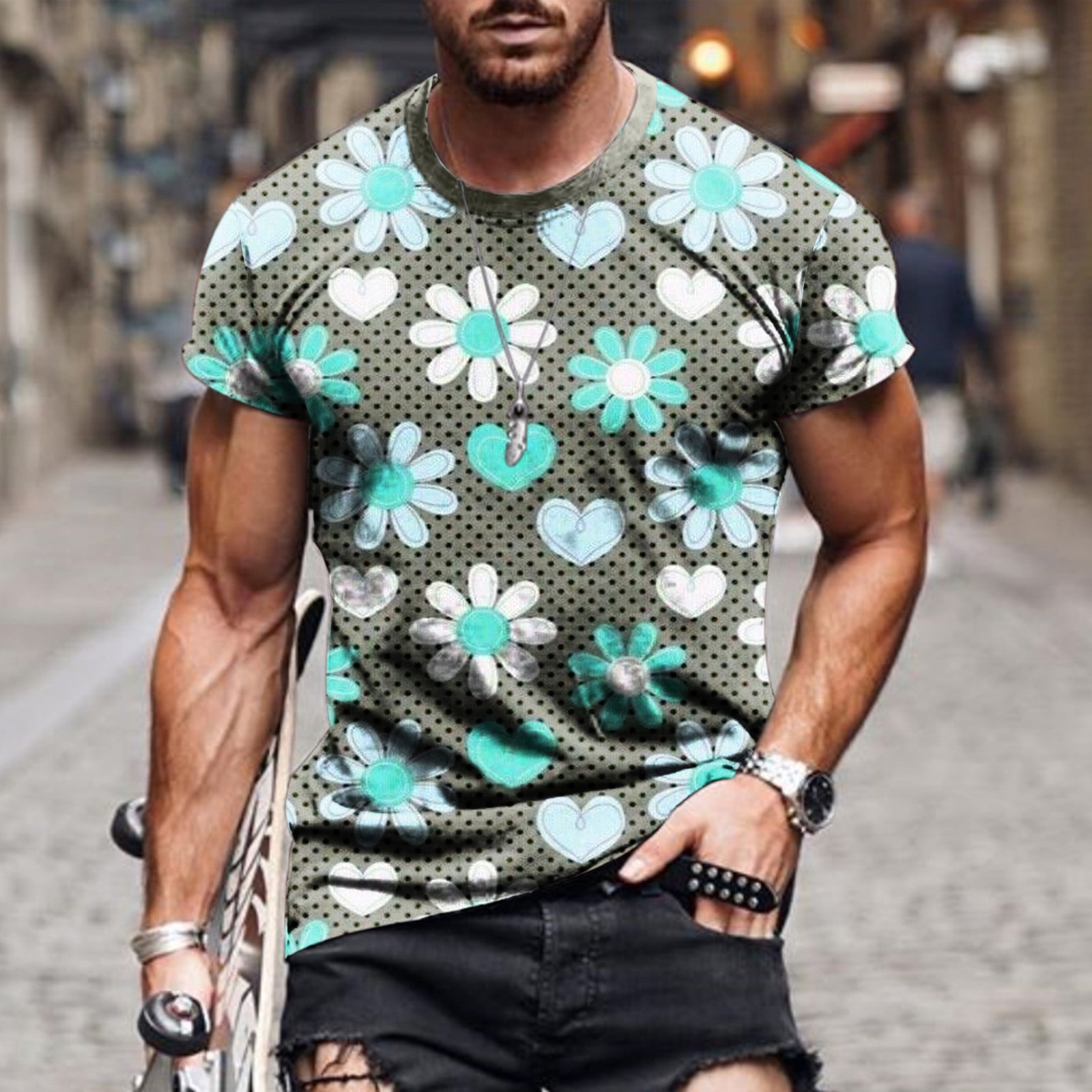 Frostluinai Savings Clearance 2023 Mens Gym Workout Slim Fit Short Sleeve T Shirt Athletic Shirts Running Fitness Tee Floral Printed Pattern Tees