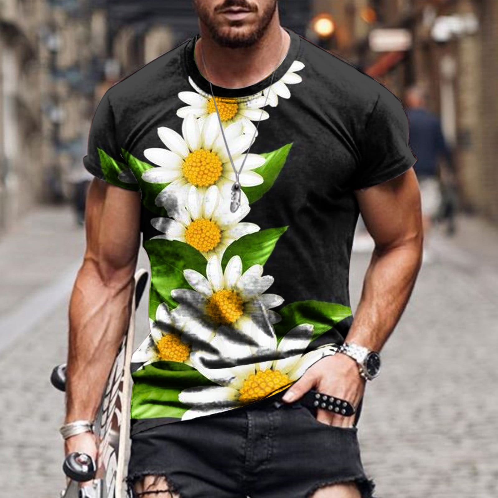 Frostluinai Savings Clearance 2023! Mens Gym Workout Slim Fit Short Sleeve T -Shirt Athletic Shirts Running Fitness Tee Sunflowers Printed Pattern Tees  