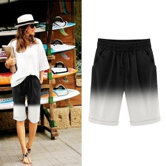 Frostluinai Savings Clearance 2023! Womens Plus Size Bermuda Shorts Summer Sweat Shorts Gradient Color Linen Cotton Shorts with Deep Pockets for Women Gym Workout