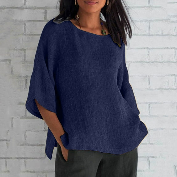 Frostluinai Savings Clearance 2023! Womens Tops Plus Size Summer Tops 3/4 Sleeve Crew Neck Cotton Linen T-Shirt Casual Solid Flowy Jacquard Blouses T-Shirt