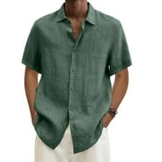 Frostluinai Summer Savings Deals 2024! Mens T-shirts Button Down Short Sleeve Linen Shirts Summer Casual Cotton Spread Collar Beach Shirts