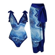 Frostluinai Savings Clearance! Plus Size Swimsuit for Women Two Piece Bathing Suit w/ Swimsuit Cover Up Wrap Skirt Floral Print Bikini Set Beach Swimwear
