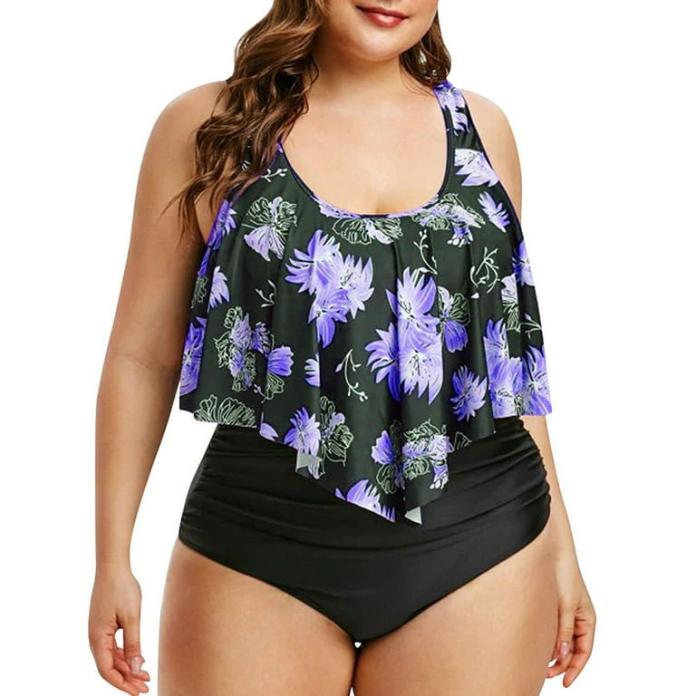 Frostluinai Savings Clearance Plus Size Swimsuits for Women Women High High Waisted Swimsuit Flounce Top Vintage Tummy Control Bottom Two Piece