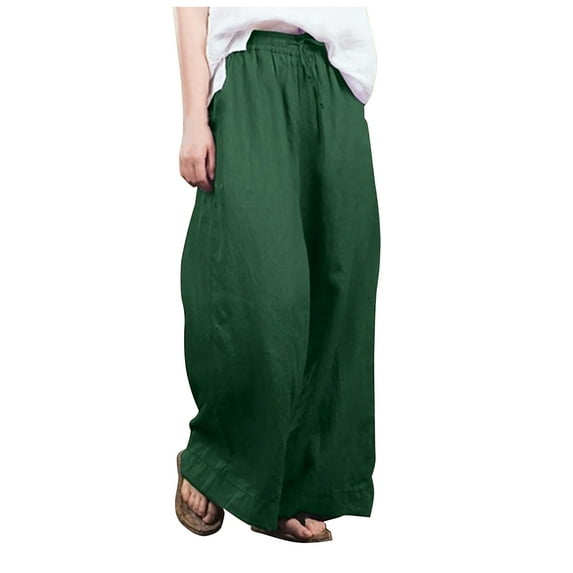 Frostluinai Women Plus Size Casual Linen Pants Elastic Waist Solid Color Wide Leg Trouser