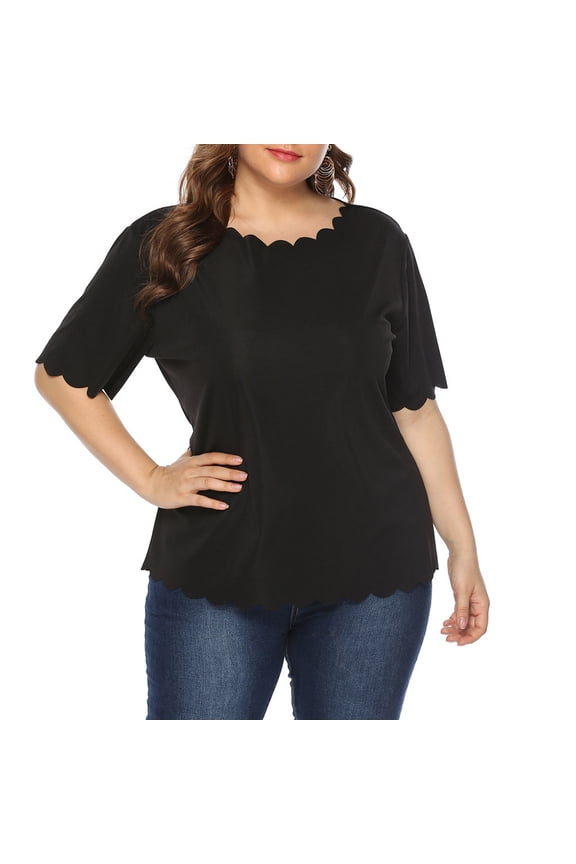 Women's Plus Size Tops Scalloped Cut Out Short Sleeve Elegant Office Work Tunic Blouse Top Ruffle Loose Pleated Flowy T Shirts