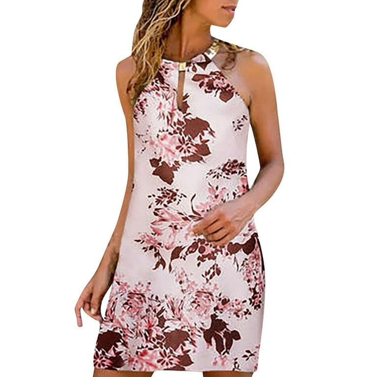 Frostluinai Savings Clearance Women's Summer Dresses 2022 Casual Sleeveless  Floral Mini Dress Beach Halter Neck Dresses 