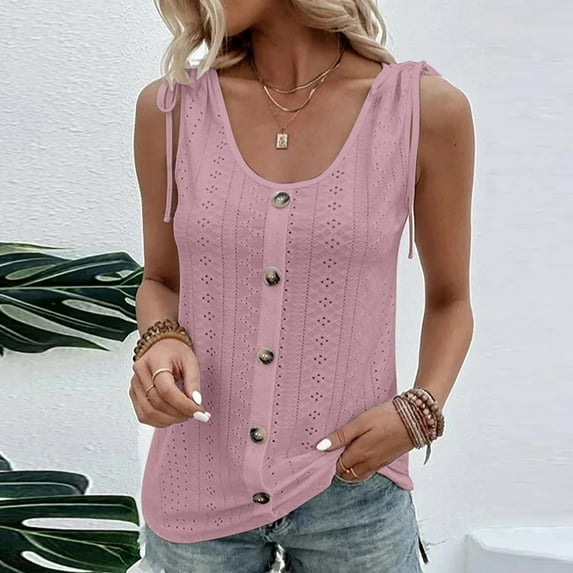 Frostluinai Scoop Neck Tank Tops for Women Sleeveless Tie Eyelet Embroidery Tanks Solid Color Tunic Tanks Casual Button Tanks Baggy Tanks