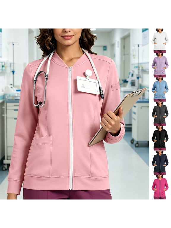 Scrub Jackets for Woman Zip Front Nurse Jacket with Pocket Lightweight Long Sleeve Solid Comfortable Work Uniform S-XXL