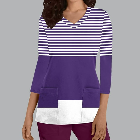 Frostluinai Scrub Tops Women Stretchy 3/4 Sleeve V Neck Casual Scrubs Tunic Shirts Striped Color Block Soft Working Uniforms with Pocket