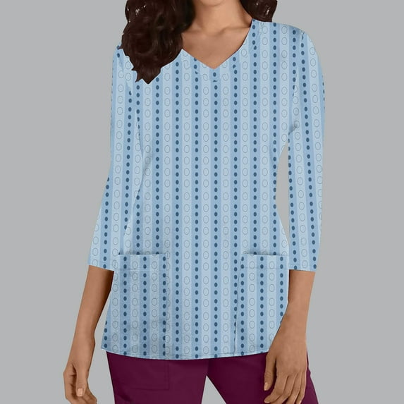 Frostluinai Scrubs Tops for Women 3/4 Sleeve V Neck Nurse Tunic Tops Fashion Polka Dot Print Scrubs Shirts Lightweight Uniforms with Pocket