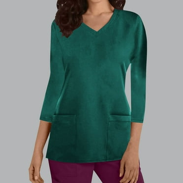 Frostluinai Scrubs for Women V Neck Solid Color 3/4 Sleeve Medical Nursing Tops Stretchy Workwear Uniform Tunic Shirts with Pocket
