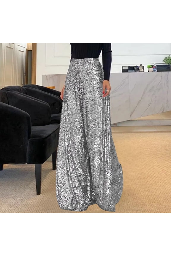 Sequin Pants for Women High Elastic Waisted Wide Leg Sparkle Sequin Bling Palazzo Leggings Plus Size Night Out Party Baggy Pants