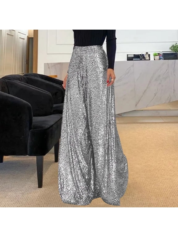Sequin Pants for Women High Elastic Waisted Wide Leg Sparkle Sequin Bling Palazzo Leggings Plus Size Night Out Party Baggy Pants