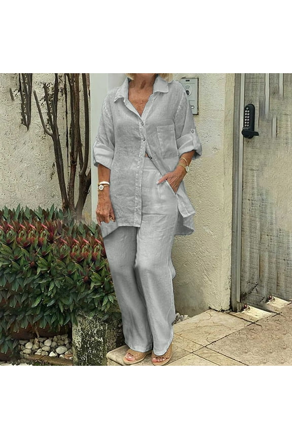 Frostluinai Sets for Women Cotton Linen Button Down Shirts Palazzo Pants Long Sleeve Solid 2 Piece Lightweight Tracksuits Set with Pocket