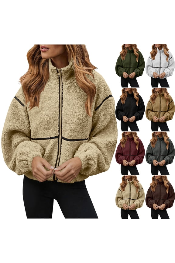 Sherpa Fleece Jacket for Women Zip Up Stand Collar Warm Winter Coats Oversized Solid Jacket Coats Outerwear with Pocket