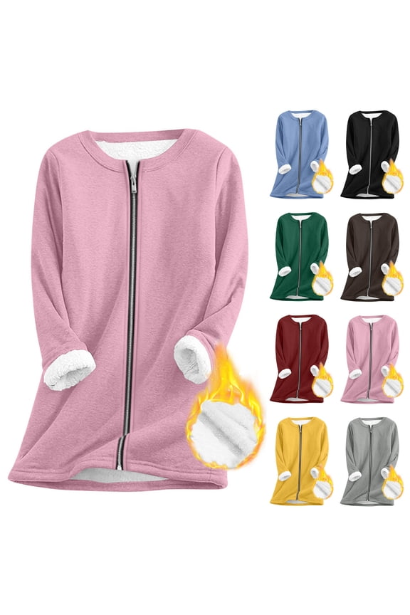 Sherpa Fleece Lined Jacket Women Full Zip Crew Neck Warm Winter Coats Solid Fuzzy Thicken Long Sweatshirts Outerwear