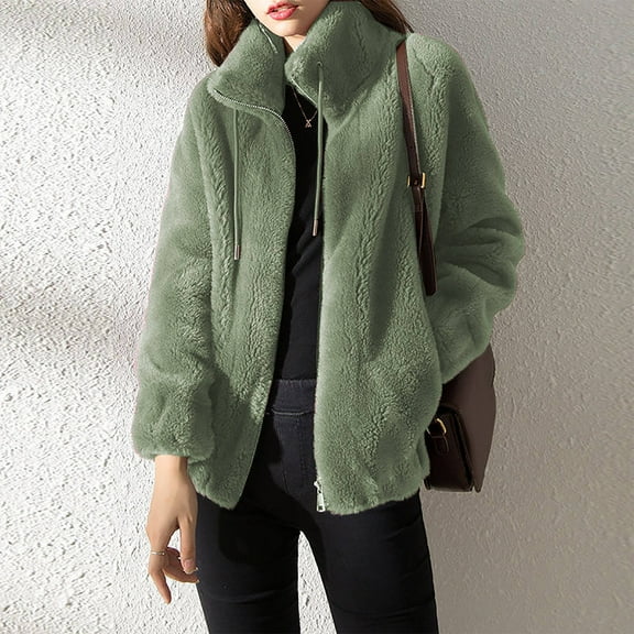 Frostluinai Sherpa Jackets for Women Fuzzy Fleece Zip up Jacket Coats Long Sleeve Stand Collar Warm Winter Coats Plus Size Solid Outerwear with Pocket