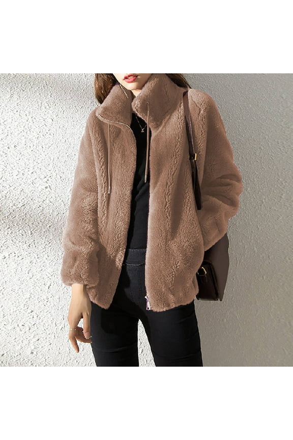 Sherpa Jackets for Women Fuzzy Fleece Zip up Jacket Coats Long Sleeve Stand Collar Warm Winter Coats Plus Size Solid Outerwear with Pocket