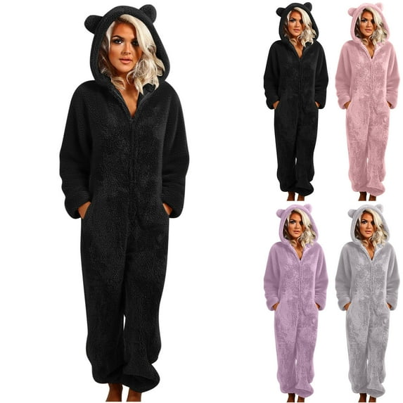 Frostluinai Sherpa Jumpsuit Women's Fuzzy Pajamas Long Sleeve Fleece Warm Onesie Pajamas Winter Rompers Sleepwear with Ear Hood