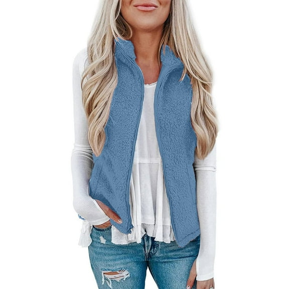 Frostluinai Sherpa Vests for Women Full Zip Stand Collar Fleece Vests Sleeveless Warm Jacket Vests Plus Size Solid Color Winter Vests