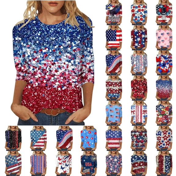 Frostluinai Shirts for Women Red White and Blue Shirts Crew Neck Patriotic Tees 3/4 Sleeve Plus Size Graphic Tops Memorial Day Patriotic Shirt
