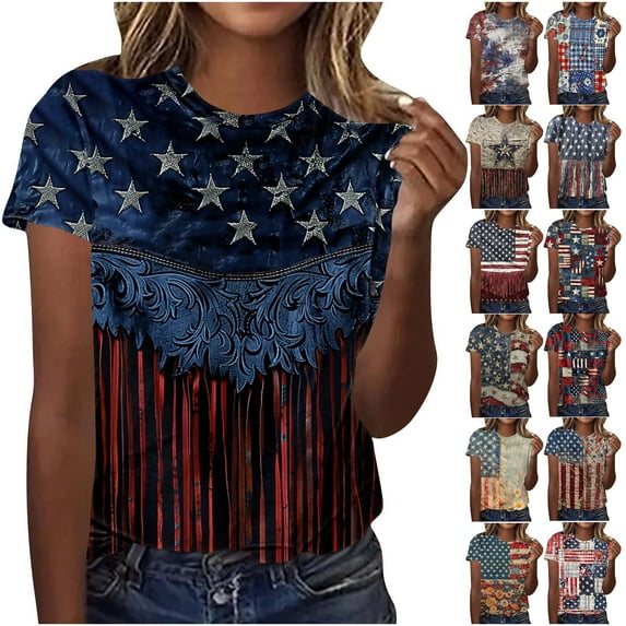 Frostluinai Shirts for Women Red White and Blue Shirts Short Sleeve Crew Neck Patriotic Shirts Plus Size Floral Stars Striped Graphic Tees