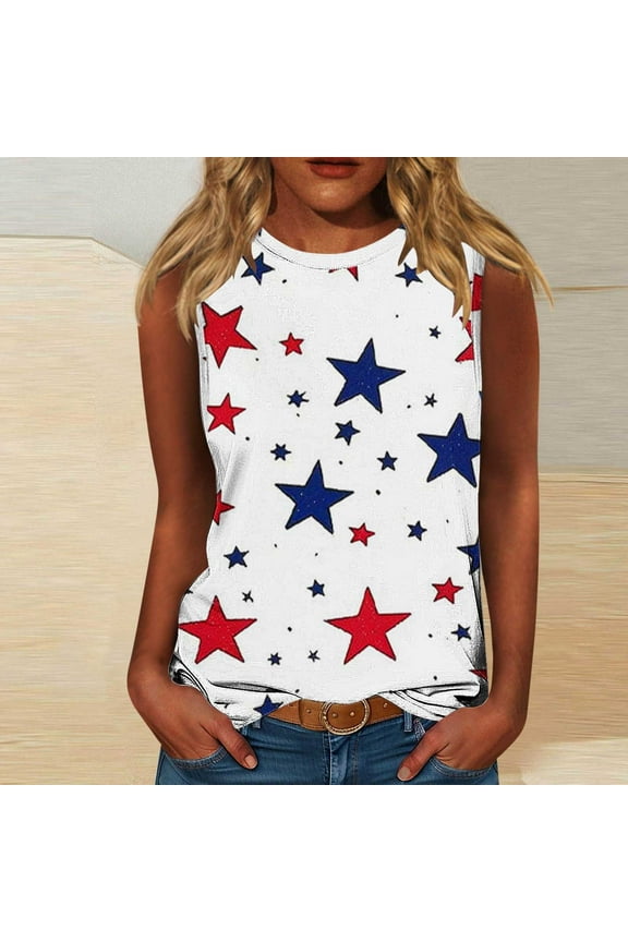 Shirts for Women Red White and Blue Shirts Sleeveless 4th of July Tank Tops Crew Neck Stars Striped Print T Shirts Plus Size
