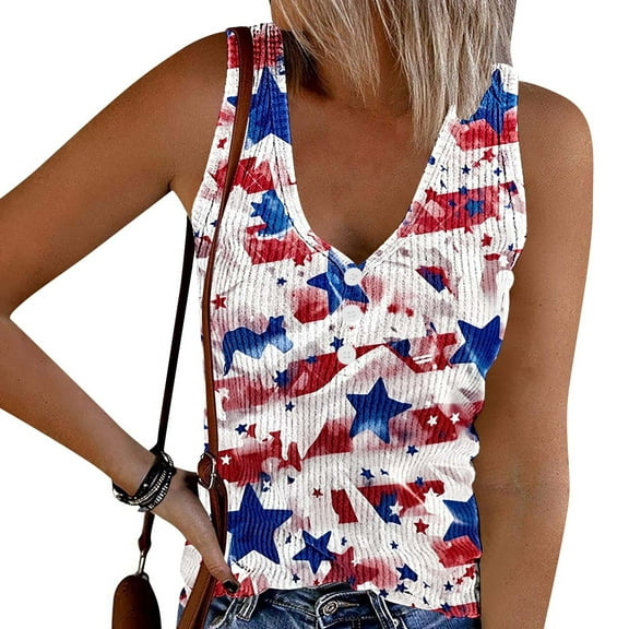 Frostluinai Shirts for Women Red White and Blue Shirts Sleeveless Ribbed Knit Tanks Casual Button Henley Shirts Independence Day Party Tees
