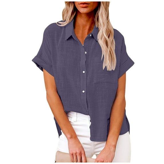 Frostluinai Short Sleeve Button Down Shirts Women Lapel Collar Cotton Linen Tshirts Solid Color Casual Blouses Plus Size Rolled Tshirts with Pocket