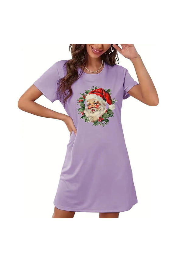 Short Sleeve Nightgowns for Women Merry Christmas Crew Neck Midi Dress Xmas Santas Graphic Knee Length Dress Sleepshirts