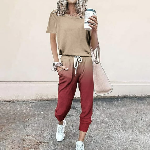 Frostluinai Shortsleeve Sweatsuits Women 2 Piece Outfit Short Sleeve Tops Elastic Waist Sweatpants Fashion Gradient Tracksuits with Pocket
