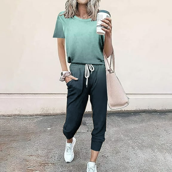Frostluinai Shortsleeve Sweatsuits Women 2 Piece Outfit Short Sleeve Tops Elastic Waist Sweatpants Fashion Gradient Tracksuits with Pocket