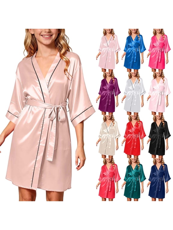 Silk Robes for 5-14 Years Short Kimono Robes Solid 3/4 Sleeve Knee Length Bathrobes for Spa Wedding Birthday Party