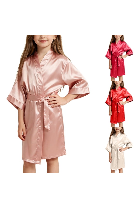 Silk Robes for Short Kimono Robes 3-12Y Solid 3/4 Sleeve Knee Length Bathrobes for Spa Wedding Birthday Party