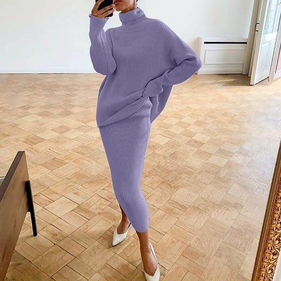 Frostluinai Skirt Sets Women 2 Piece Outfits Turtleneck Plus Size Knit Sweater Sets Long Sleeve Pullover Midi Skirts Lounge Ribbed Knit Sets