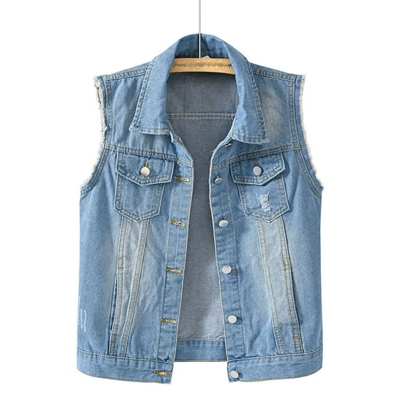 Frostluinai Sleeveless Denim Jacket for Women Button Down Lapel Collar Denim Vests Plus Size Solid Jean Vests Lightweight Jean Coat with Pocket