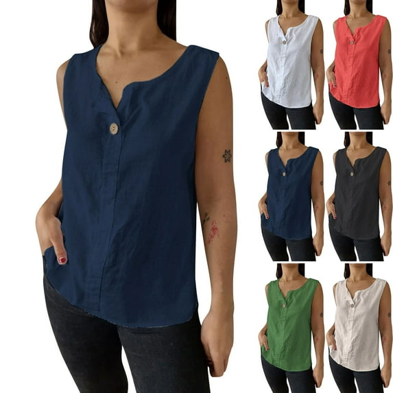 Frostluinai Sleeveless Linen Shirts for Women V Neck Solid Lounge Tank Tops Lightweight Henley Shirts Summer Loose Fit Blouses
