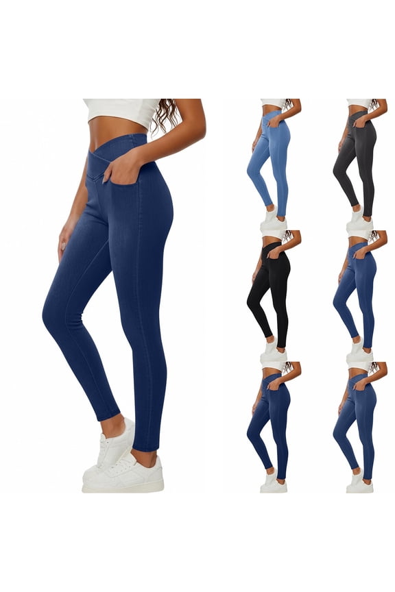 Soft Denim Leggings for Women High Waist V Crossover Yoga Workout Faux Jean Jeggings Solid Slim Fit Stretch Tights Pants