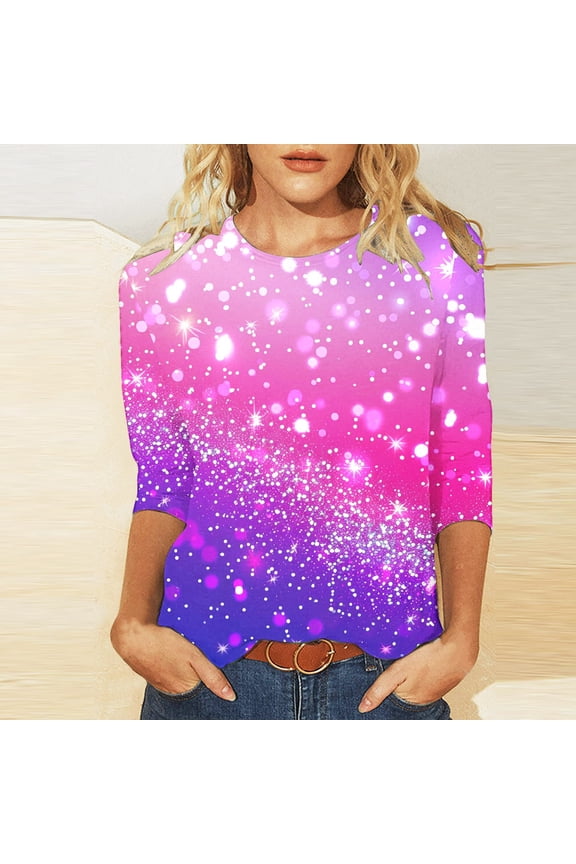 Sparkly Tops for Women 3/4 Sleeve Glitter Print Shirts Crew Neck Casual T Shirts Loose Fit Holiday Blouses Gifts