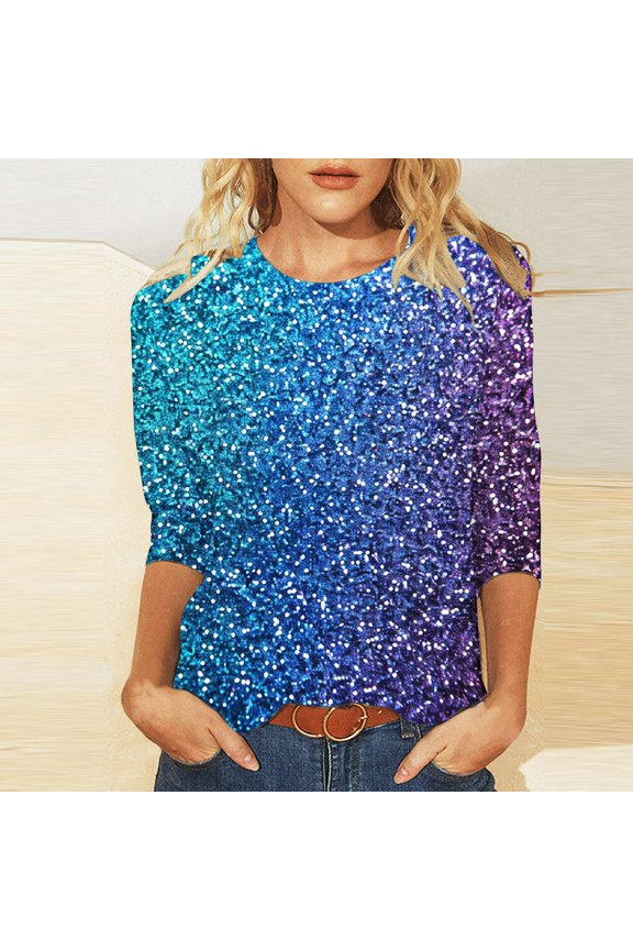 Sparkly Tops for Women 3/4 Sleeve Gradient Shirts Crew Neck Glitter T Shirts Casual Night Out Tees Soft Party Shirts Blouses
