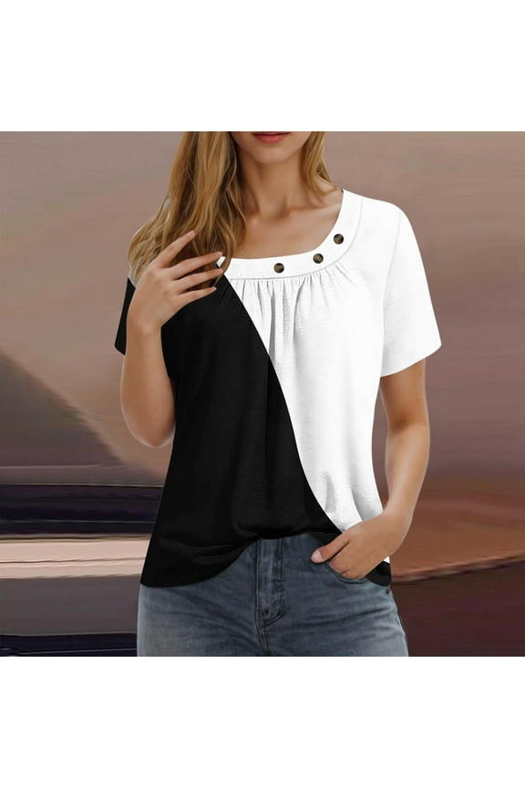Square Neck Shirts for Women Short Sleeve Pleated Tops Trendy Color Block T Shirts Loose Fit Blouses Lounge Tee Shirts Gifts