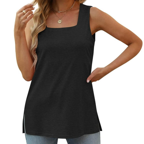 Frostluinai Square Neck Tank Tops for Women Sleeveless Tunic Shirts Casual Slit Hem Tshirts Basic Solid Color Shirts Plus Size Tank Tops