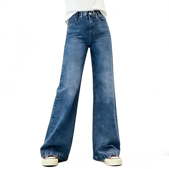 Frostluinai Straight Leg Jeans for Girl 4-15 Years Elastic Waist Retro Denim Pants Baggy Wide Leg Wash Jeans with Pocket for Summer Vacation