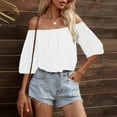 thumbnail image 1 of Frostluinai Strapless Tops for Women 3/4 Lantern Sleeve Shirts Chiffon Comfy T Shirts Off Shoulder Sexy Tees Solid Holiday Blouses, 1 of 9