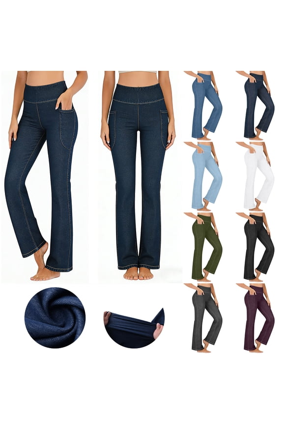 Stretch Boot Cut Jeans Women High Waist Tummy Control Butt Lifting Faux Denim Pants Plus Size Flare Bell Bottom Pants with Pocket