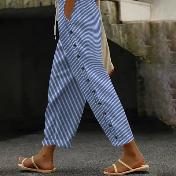 Frostluinai Striped Linen Pants Women Drawstring Elastic Waist Harem Lounge Capris Fashion Button Beach Straight Wide Leg Pants with Pockets