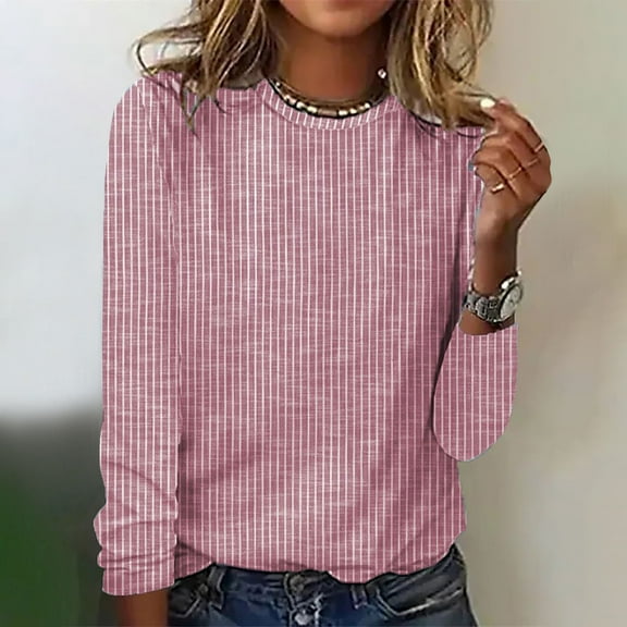 Frostluinai Striped Long Sleeve Shirts Women Crew Neck Casual Tops Comzy Fall T Shirts Basic Dressy Business Work Pullover Loose Fit Blouses
